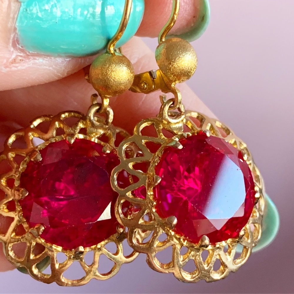 Vintage 14k Gold Huge Synthetic Ruby Dangle Drop … - image 1